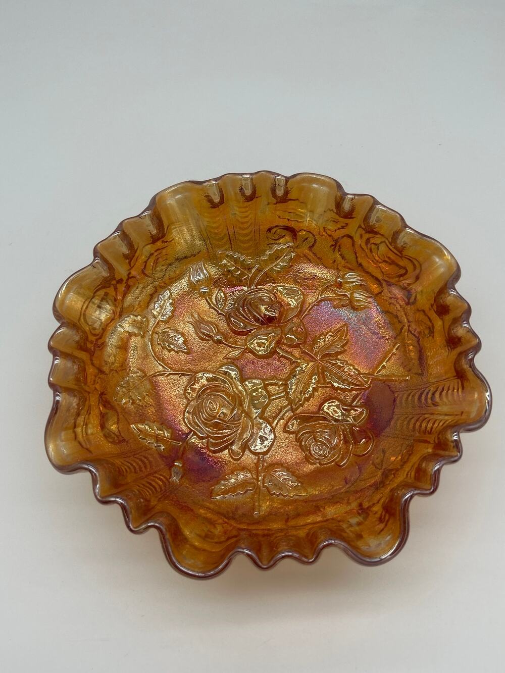 Imperial Glass Marigold Carnival Rose Footed Bowl Ruffled Edge Iridescent